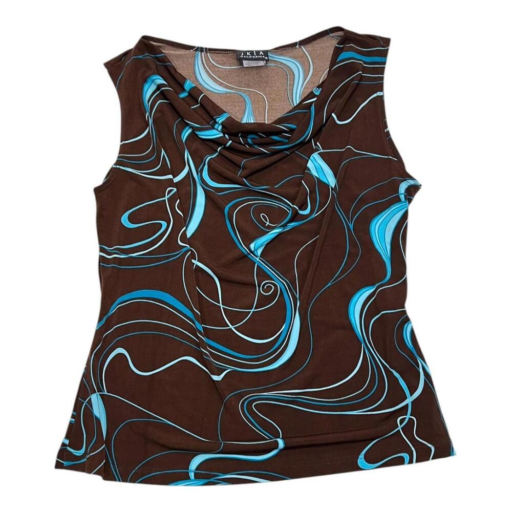 90s y2k brown and blue swirl cowl neck top